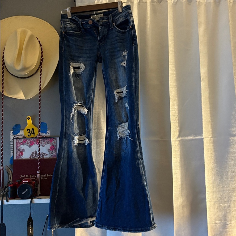 Buckle Distressed Flare Jeans - Dark Blue